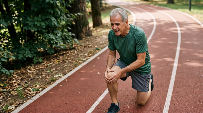 Senior man holding his painful knee on a running track. Older male runner suffering from sports injury or joint ache outdoors. Physical strain concept