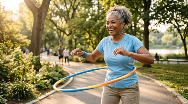 Happy senior African American woman playing with hula hoop in the park. Smiling elderly female exercising outdoors. Active lifestyle and fun recreation