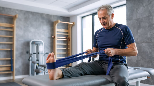 Senior man doing physical therapy exercises with a blue resistance band. Older male patient stretching his leg on a treatment table in a modern rehabilitation clinic