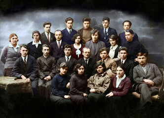 Fototapeta premium Borovichi, Leningrad Oblast, USSR - May 25, 1933: Students and teachers of the Mining and Ceramics Technical School posing for a formal group portrait