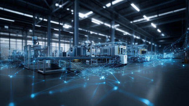 Smart factory with IoT connectivity, futuristic industrial automation, digital transformation in manufacturing, advanced smart production line, industry 4.0 concept, interconnected