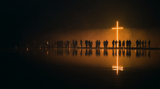 Glowing cross reflecting in water at night, spiritual gathering concept, silhouettes of people in prayer, religious devotion and faith, serene worship atmosphere, holy light in dar