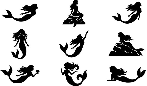 set of vector icon mermaid silhouette
