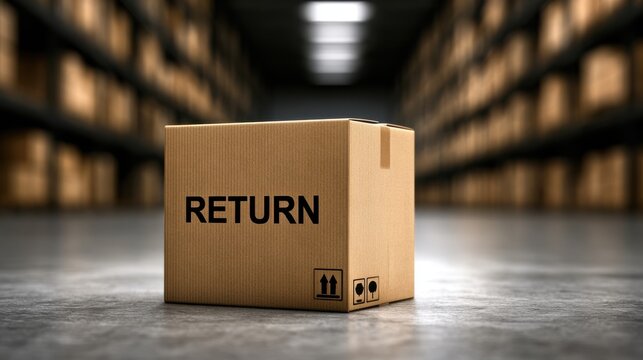Cardboard box with RETURN label in a warehouse storage facility