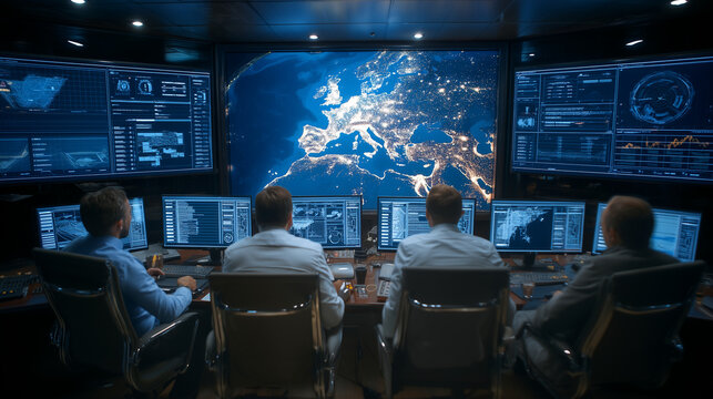 Strategic business meeting in a high-tech control room, global monitoring center with digital screen, team of executives analyzing data, night map of Europe displayed on large wall