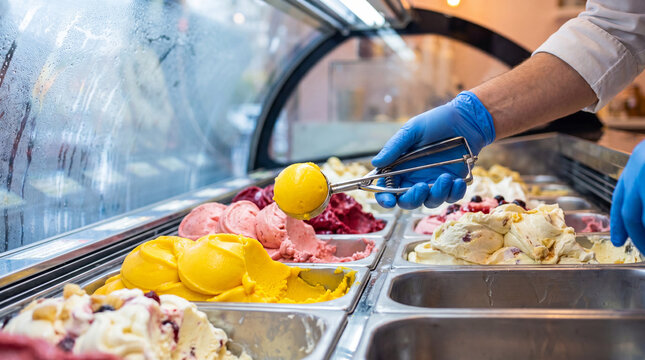 Ice cream server in blue gloves using a metal scoop to serve a bright yellow mango sorbet from a refrigerated display case in a dessert shop