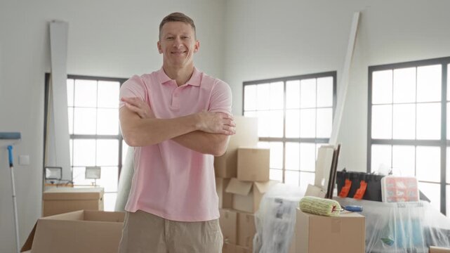 Man with arms crossed beside stacked moving boxes, paint roller and toolbox inside a building filled with packed furniture; pride.