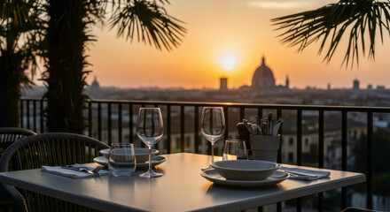 Obraz premium Rooftop restaurant terrace dining at sunset cityscape skyline travel luxury romantic table setting