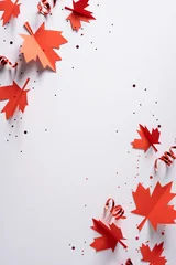 Fototapeten Pony Canada Independence Day celebration with red paper maple leaves and confetti on vertical white background  © ActionGP