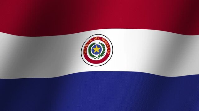Paraguayan Flag Waving: The vibrant flag of Paraguay, featuring horizontal stripes of red, white, and blue, proudly waves in the wind, displaying its national emblem at its center.