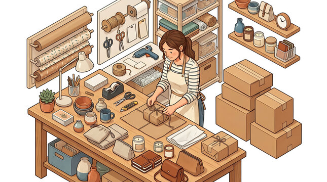 A woman working in a cozy craft studio wrapping a package with twine
