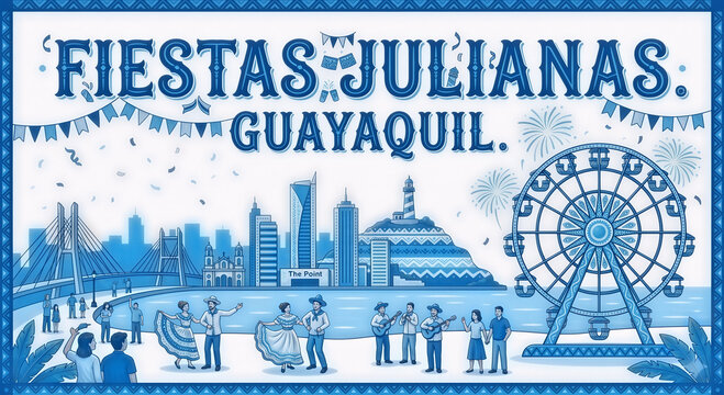 Ilustraci&oacute;n azul de Fiestas de Guayaquil-Ecuador