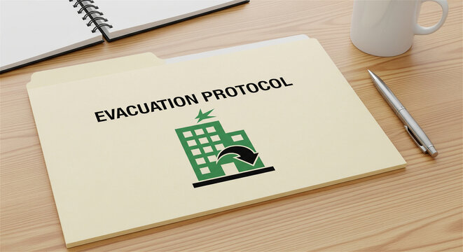 Evacuation protocol document folder on office desk, emergency safety plan for building exit, fire drill procedure manual