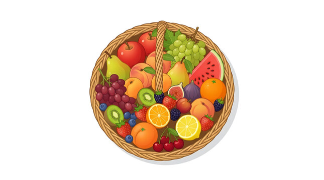Fresh fruits in a wicker basket, including apples, pears, grapes, watermelon, citrus, and berries, top view illustration