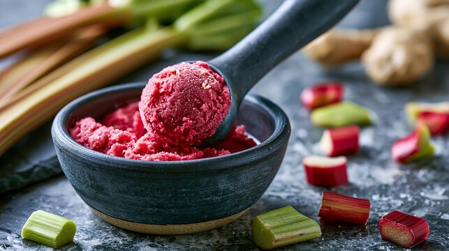 Scoop of pink rhubarb sorbet in a dark bowl with rhubarb stalks