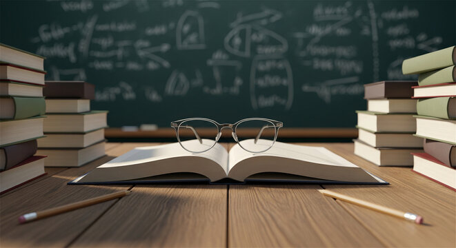 Academic study desk with open book and eyeglasses, stacks of textbooks on wooden table, chalkboard background with math formulas