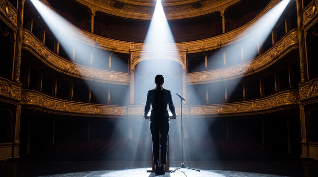 Silhouette of a person performing on a stage in an ornate classical theater with dramatic spotlight beams shining through the grand golden auditorium interior