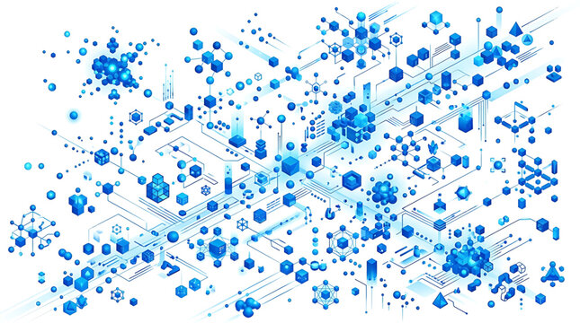 Blue geometric shapes and lines on a forming a complex network pattern