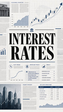 Editorial style financial newspaper layout about interest rates with charts, graphs, economic indicators, and market analysis in blue and black.
