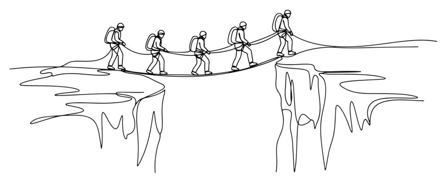 Continuous line drawing of mountain climbers group crossing a high rope bridge between cliffs, teamwork and adventure concept, minimalist vector illustration