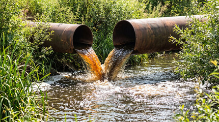 Industrial sewage outflow from large metal pipes into a river surrounded by lush green vegetation and natural landscape © Hub
