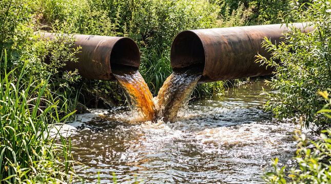Industrial sewage outflow from large metal pipes into a river surrounded by lush green vegetation and natural landscape