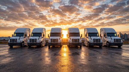Five white commercial delivery vans parked in a row on an asphalt lot during a golden sunset with dramatic clouds in the sky © Hub