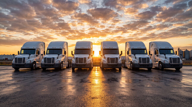 Five white commercial delivery vans parked in a row on an asphalt lot during a golden sunset with dramatic clouds in the sky