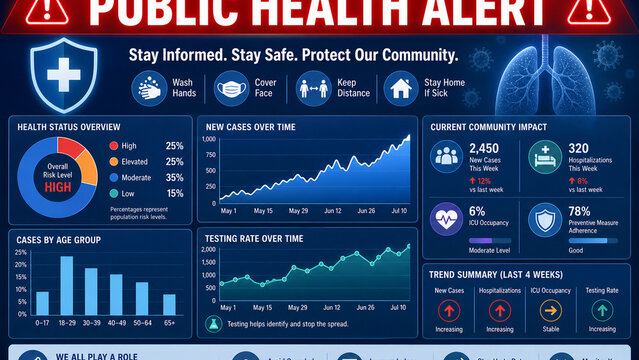 Digital public health alert dashboard with safety icons, risk levels, case trends, testing rates, and community impact data in blue and red.