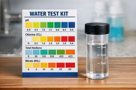 A water test kit sits on a wooden table, ready for use