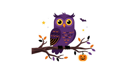 Fototapeta premium Halloween owl perched on a branch, minimalist illustration, isolated on a white and transparent background.
