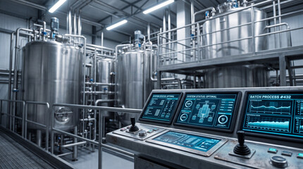 Industrial chemical manufacturing plant with large stainless steel tanks and digital control panel...