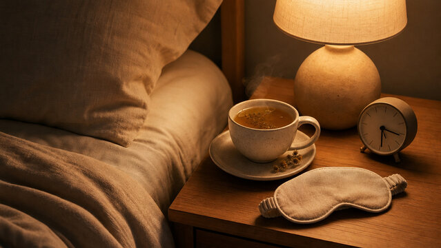 Warm bedside scene with herbal tea, glowing lamp, alarm clock and sleep mask beside soft pillows, evoking relaxation and bedtime comfort.
