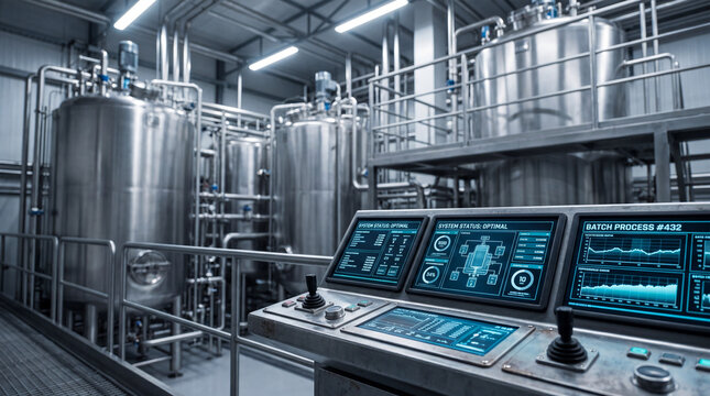 Industrial chemical manufacturing plant with large stainless steel tanks and digital control panel monitoring automated production processes