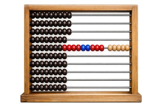 A colorful mosaic abacus with red, white, and blue beads for counting and learning