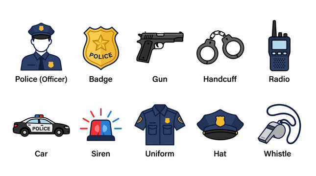 Collection of police and law enforcement icons and symbols.