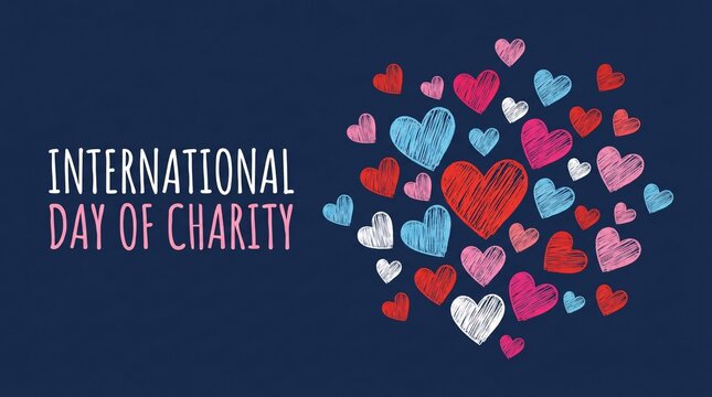 A festive blue graphic design promoting the International Day of Charity with numerous sketched hearts