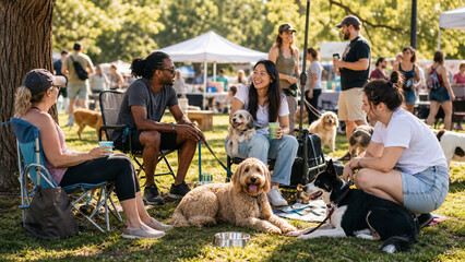 Diverse group of people relaxing with dogs at an outdoor park gathering, enjoying conversation, sunshine, and a friendly community atmosphere.