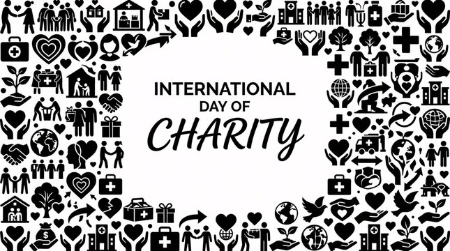 A black and white design celebrating International Day of Charity with numerous icons of philanthropy