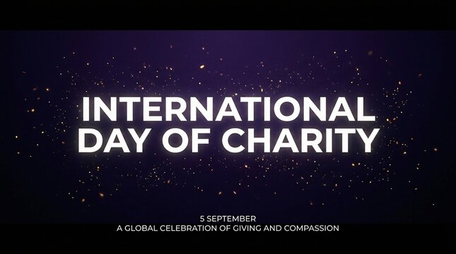 An elegant purple background displays International Day of Charity text with golden floating particles