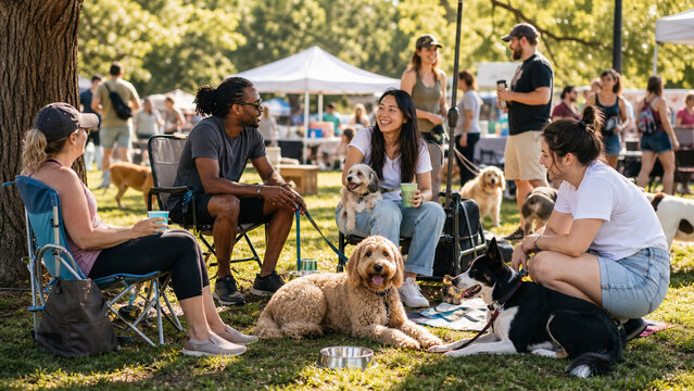Diverse group of people relaxing with dogs at an outdoor park gathering, enjoying conversation, sunshine, and a friendly community atmosphere.