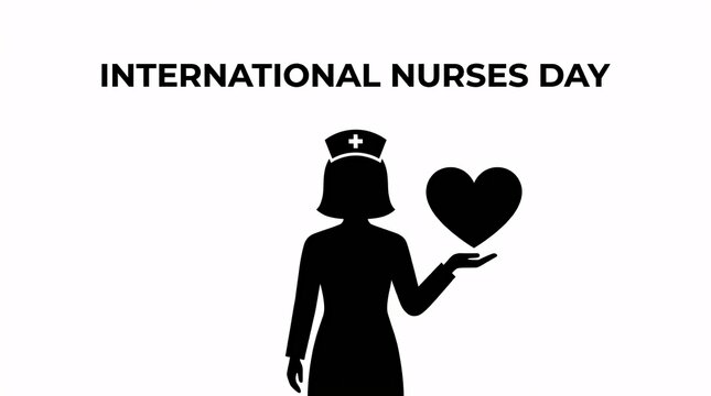 A minimalist silhouette of a nurse holding a heart icon to celebrate International Nurses Day