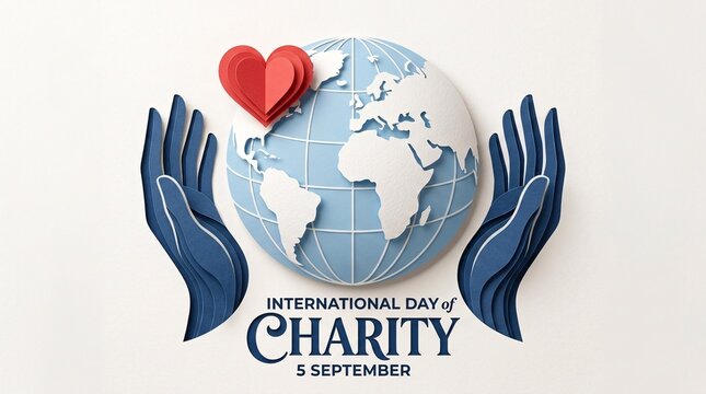 A symbolic papercraft illustration showing two blue layered hands cradling a globe topped with a red heart