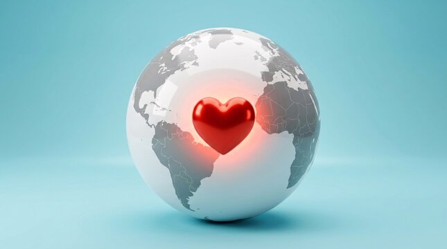 A glossy three dimensional red heart floating in front of a shiny white world globe on blue background