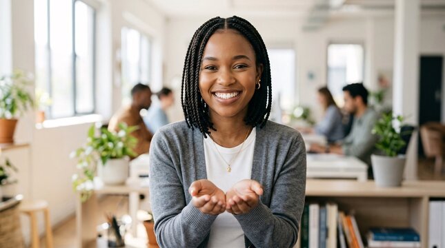 A smiling young professional woman holds out her open hands in a brightly lit modern office setting
