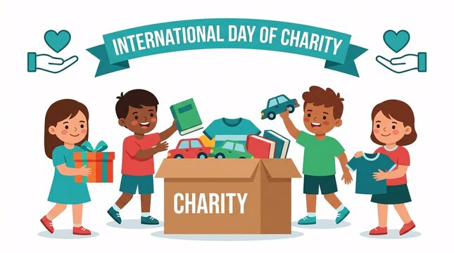 Diverse group of happy children actively contributing to a cardboard box marked for charity donation