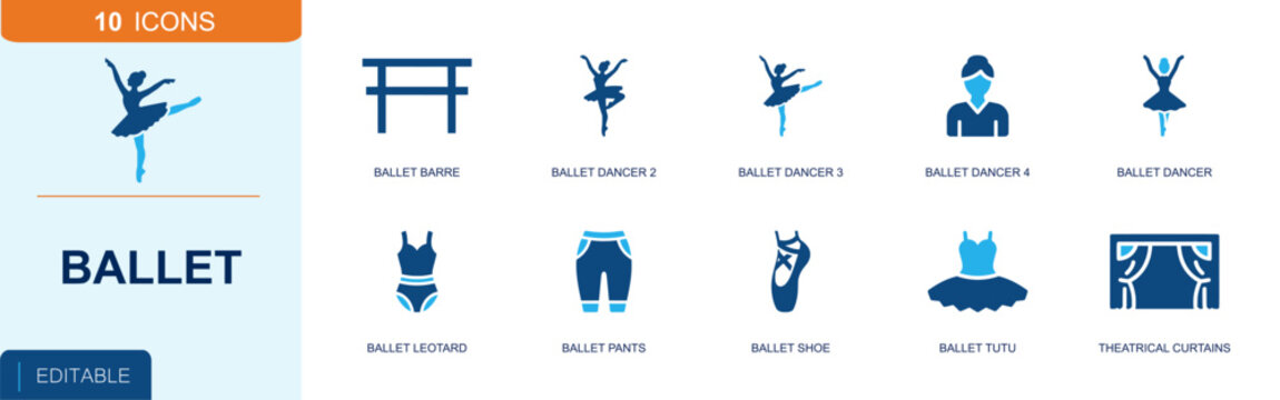 Ballet icon set. Containing ballerina, pointe shoe, tutu, leotard, ballet barre, theatrical curtain, dance costume, stage performer, practice pants and more. Solid fill vector icons.