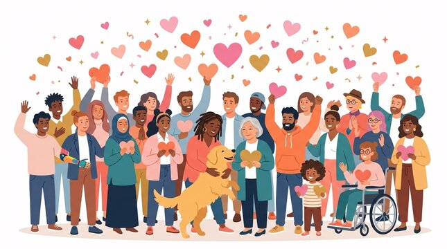 A diverse group of happy people standing together with a dog and holding hearts in a celebration