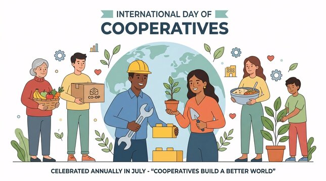 A vibrant illustration of diverse people collaborating to celebrate the International Day of Cooperatives
