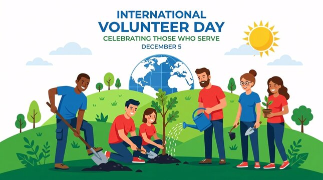 A vibrant group of diverse volunteers working together to plant trees and care for the environment